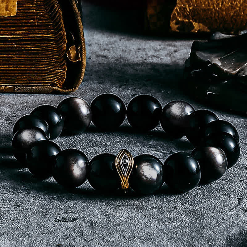 Olivenorma Armband mit Perlen aus natürlichem Obsidian und bösem Blick in Gold und Silber