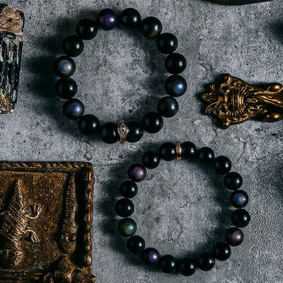 Olivenorma Armband mit Perlen aus natürlichem Obsidian und bösem Blick in Gold und Silber