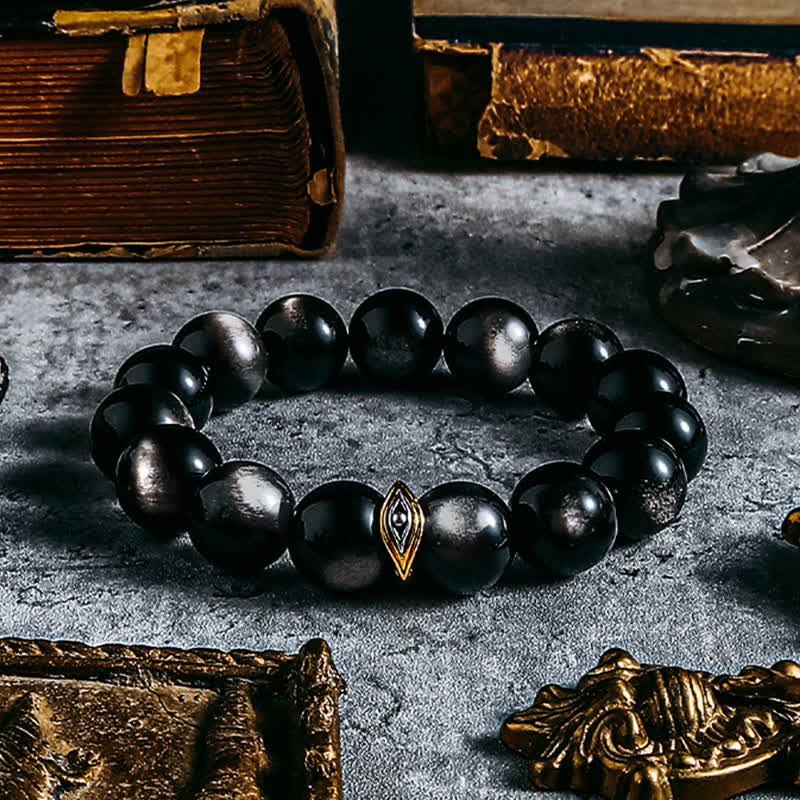 Olivenorma Armband mit Perlen aus natürlichem Obsidian und bösem Blick in Gold und Silber