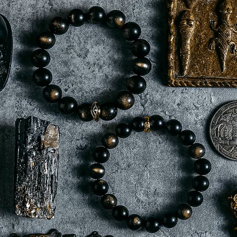 Olivenorma Armband mit Perlen aus natürlichem Obsidian und bösem Blick in Gold und Silber