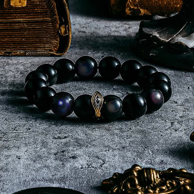 Olivenorma Armband mit Perlen aus natürlichem Obsidian und bösem Blick in Gold und Silber