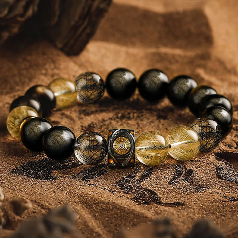 Olivenorma Obsidian Gold Rutilquarz Herren Perlenarmband 