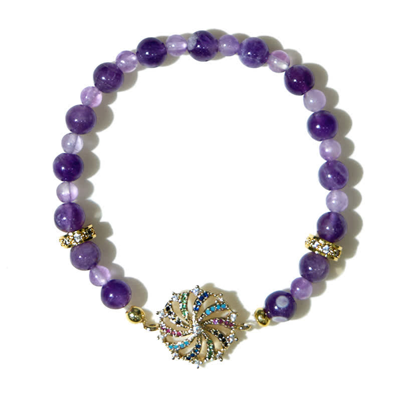 Olivenorma Armband mit Windmühlen-Anhänger aus Metall und Amethyst-Perlen, bunt, Zirkonia