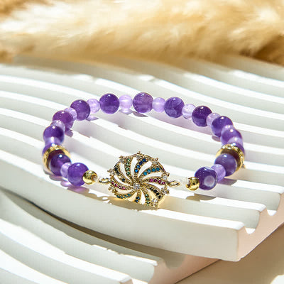 Olivenorma Armband mit Windmühlen-Anhänger aus Metall und Amethyst-Perlen, bunt, Zirkonia