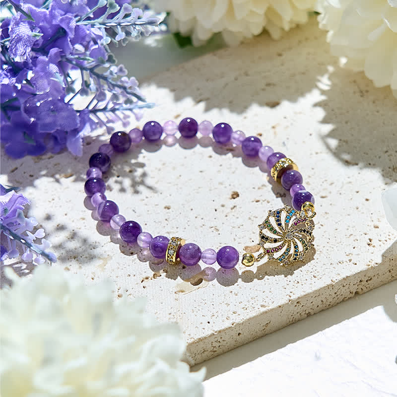 Olivenorma Armband mit Windmühlen-Anhänger aus Metall und Amethyst-Perlen, bunt, Zirkonia