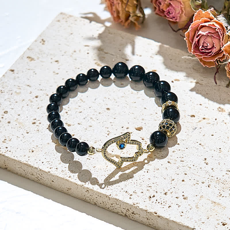 Olivenorma Armband mit Hamsa-Anhänger aus natürlichem Obsidian