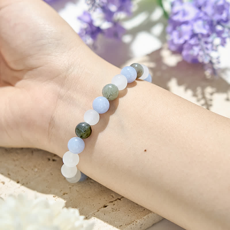 Olivenorma Armband mit Perlen aus natürlichem, klarem Kristall, Aquamarin und Labradorit 