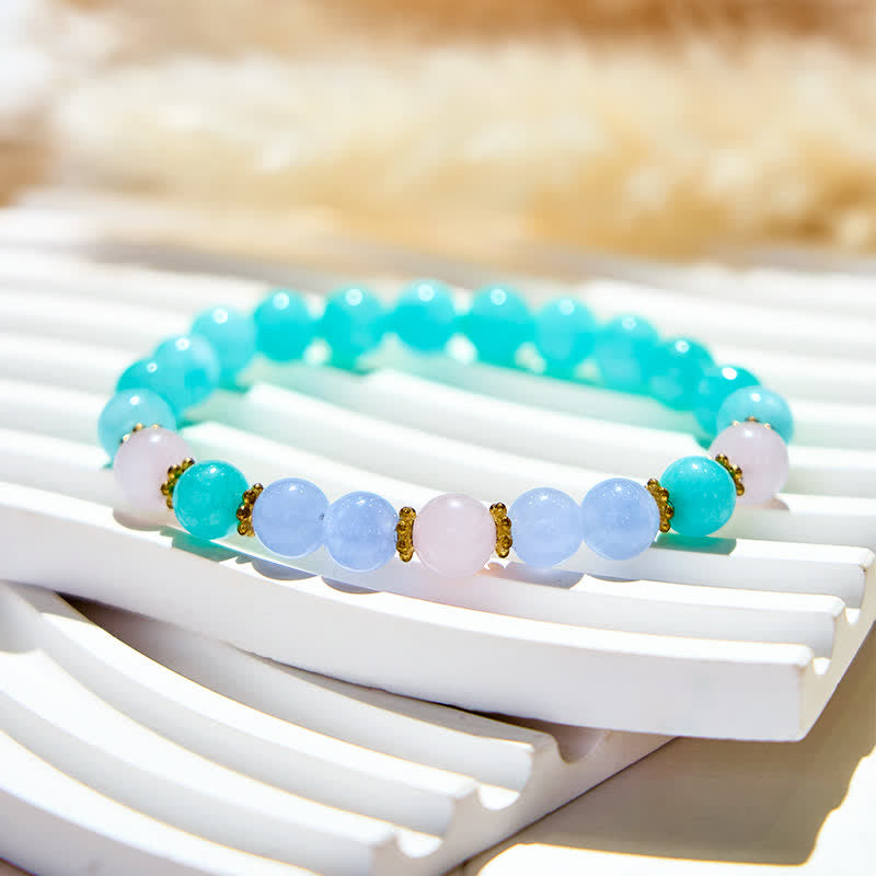 Olivenorma Armband mit Perlen aus blauem Kristall, Rosenquarz und Aquamarin