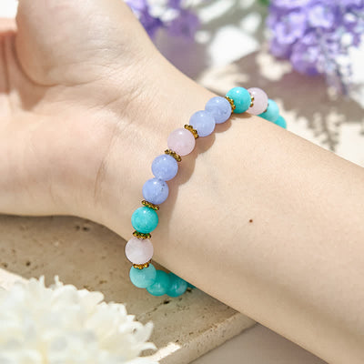 Olivenorma Armband mit Perlen aus blauem Kristall, Rosenquarz und Aquamarin