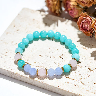 Olivenorma Armband mit Perlen aus blauem Kristall, Rosenquarz und Aquamarin 