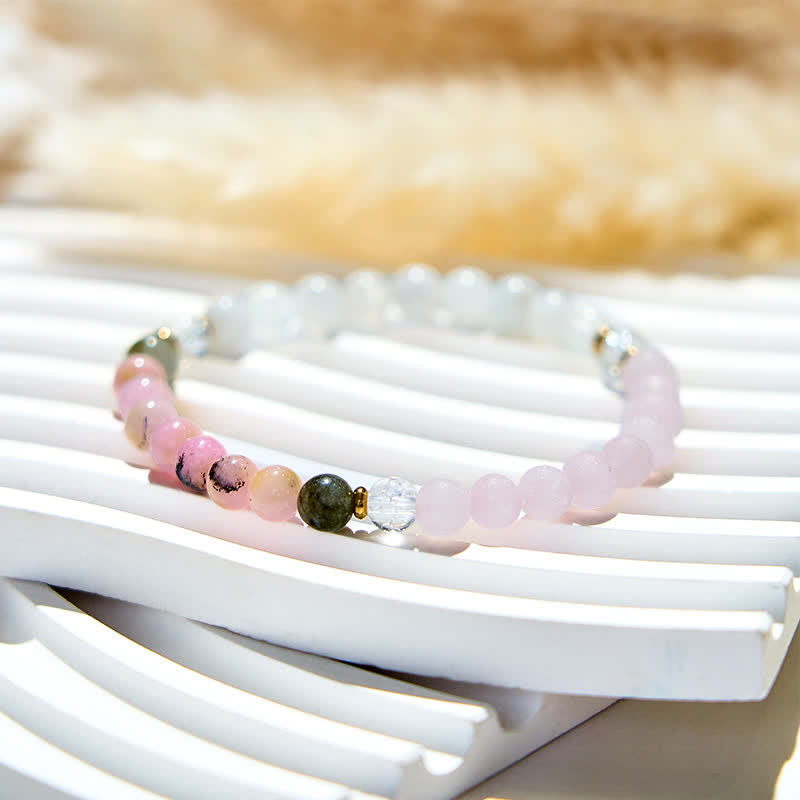 Olivenorma Armband mit Perlen aus natürlichem, klarem Kristall und rosa Opal-Labradorit 