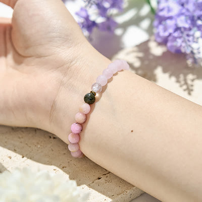 Olivenorma Armband mit Perlen aus natürlichem, klarem Kristall und rosa Opal-Labradorit 