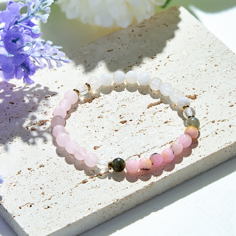 Olivenorma Armband mit Perlen aus natürlichem, klarem Kristall und rosa Opal-Labradorit 