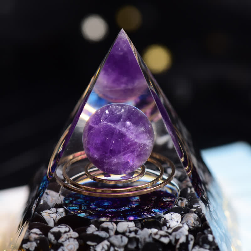 Olivenorma Amethyst & Schneeflockenobsidian Kugel Orgon-Pyramide