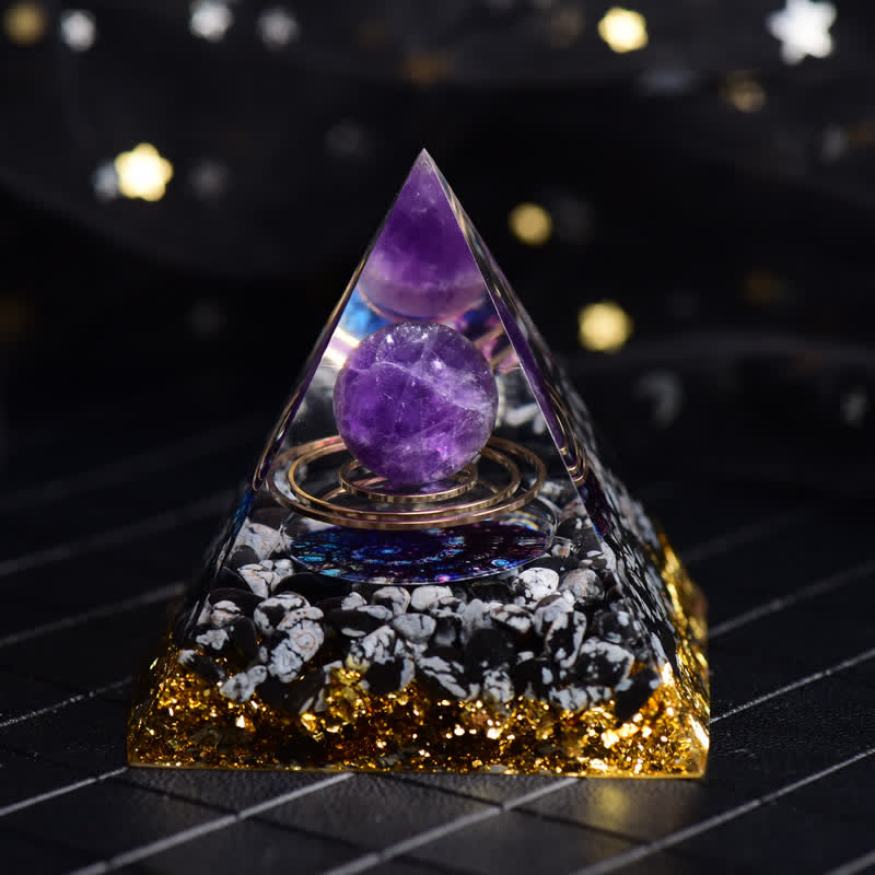 Olivenorma Amethyst & Schneeflockenobsidian Kugel Orgon-Pyramide