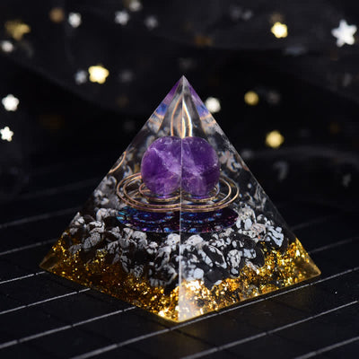 Olivenorma Amethyst & Schneeflockenobsidian Kugel Orgon-Pyramide