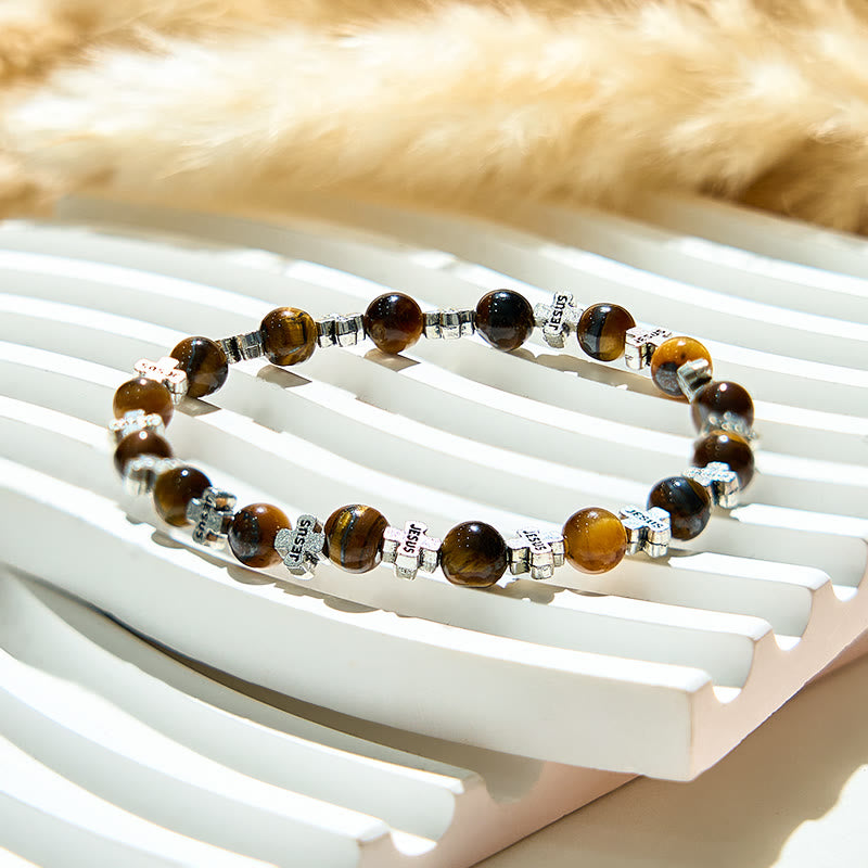 Olivenorma Armband mit Kreuzperlen aus natürlichem Tigerauge und Metall - image 3