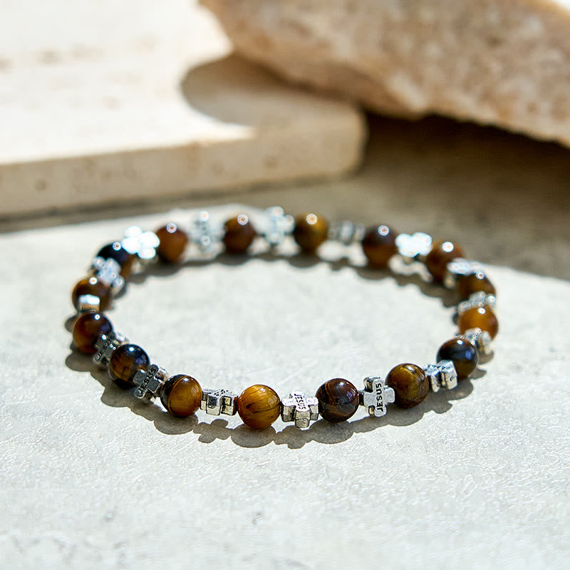 Olivenorma Armband mit Kreuzperlen aus natürlichem Tigerauge und Metall - image 2