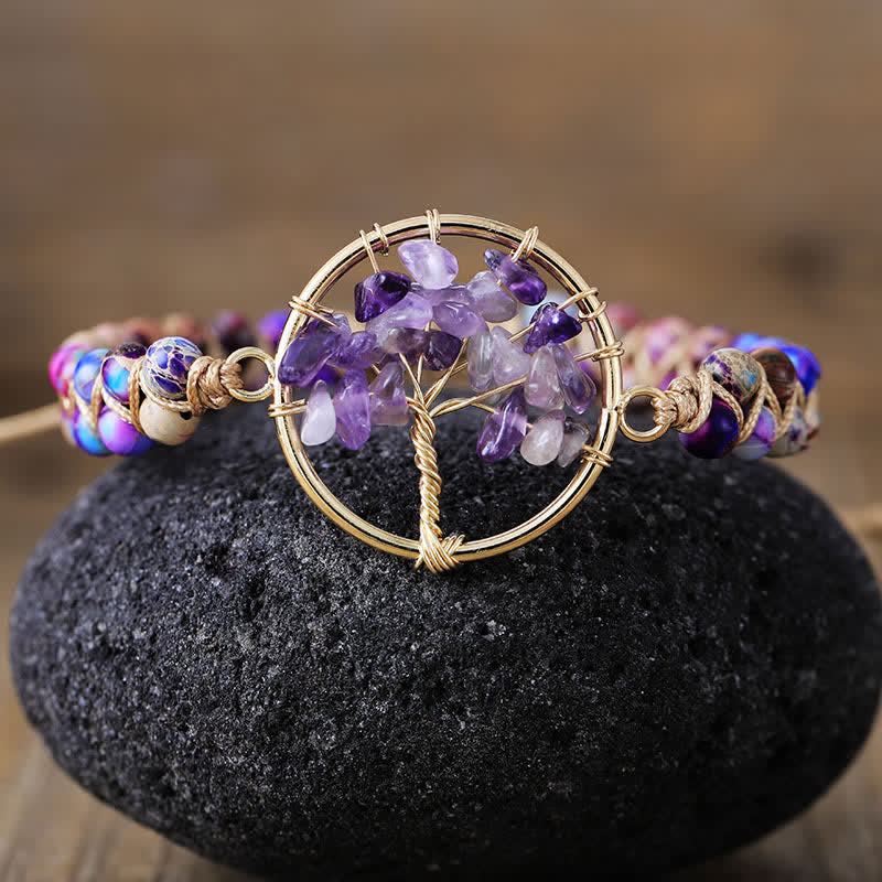 Olivenorma Amethyst Grüner Aventurin Baum des Lebens Armband