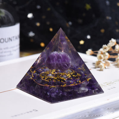 Olivenorma Amethyst Kristallkugel Metallkreis Orgon-Pyramide