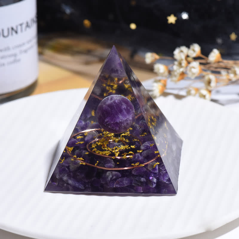 Olivenorma Amethyst Kristallkugel Metallkreis Orgon-Pyramide