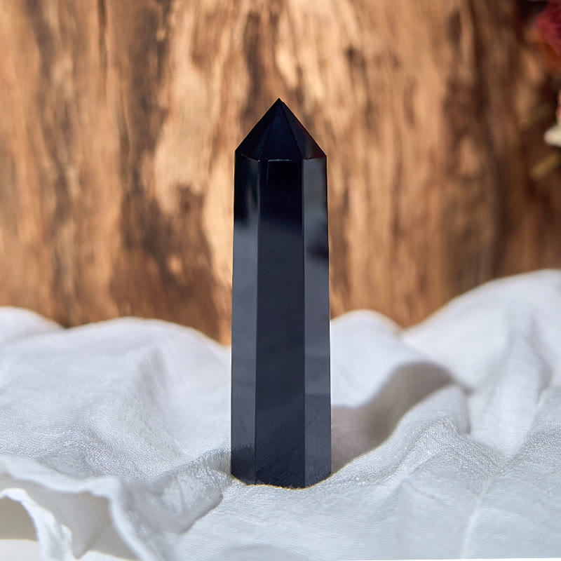 Olivenorma Heilender Obelisk-Turm-Kristallstab aus echtem schwarzem Obsidian