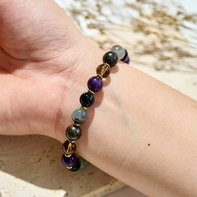 Olivenorma Armband mit natürlichen Amethyst- und schwarzen Onyx-Perlen