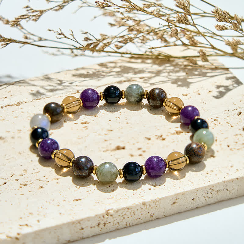 Olivenorma Armband mit natürlichen Amethyst- und schwarzen Onyx-Perlen