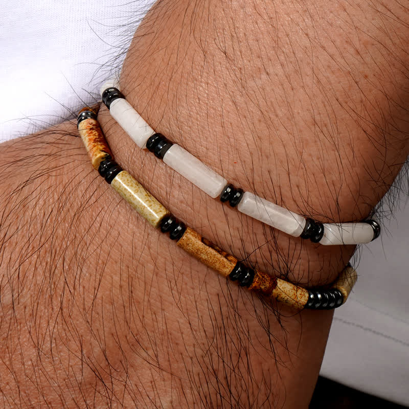 Olivenorma Armband mit langen Streifen und klaren Crysta-Bilderjaspis-Perlen