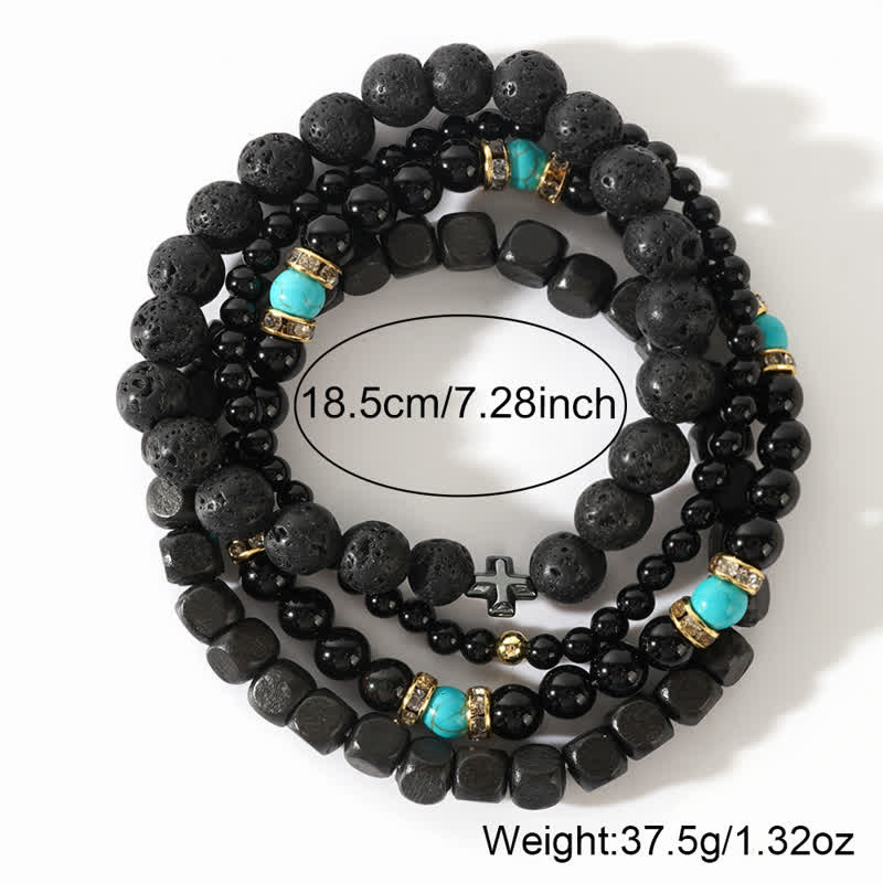 Olivenorma Armband-Set mit 4-lagigen Perlen aus schwarzem Naturstein