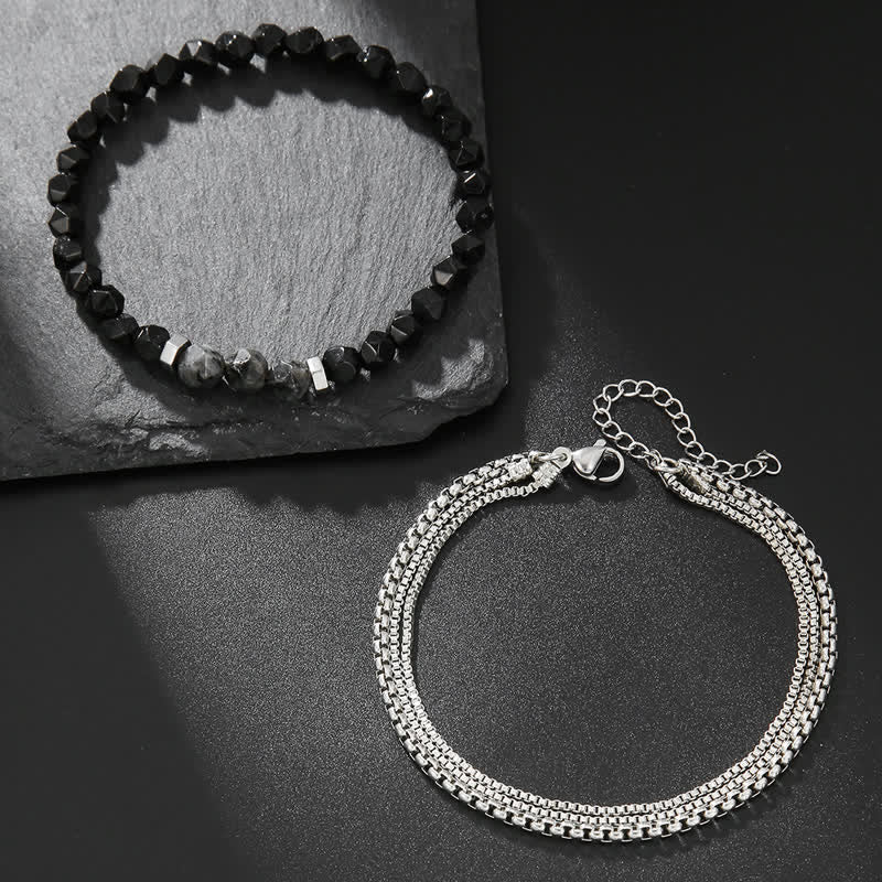 Olivenorma Obsidian Labradorit Perlen Metall Zubehör Armband Set 