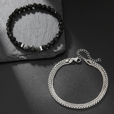 Olivenorma Obsidian Labradorit Perlen Metall Zubehör Armband Set