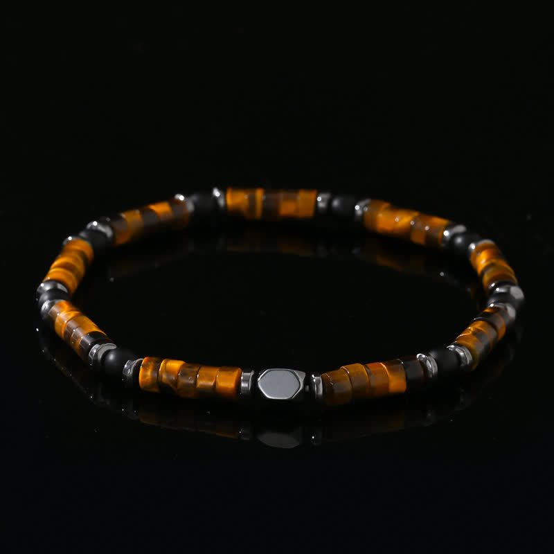 Olivenorma Armband mit Perlen aus schwarzem Onyx und Hämatit mit Tigerauge