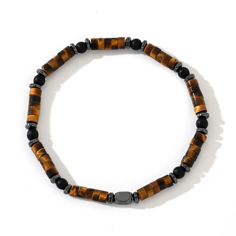 Olivenorma Armband mit Perlen aus schwarzem Onyx und Hämatit mit Tigerauge