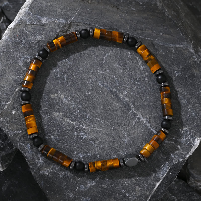 Olivenorma Armband mit Perlen aus schwarzem Onyx und Hämatit mit Tigerauge