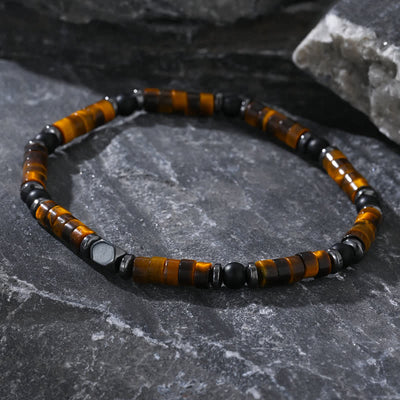 Olivenorma Armband mit Perlen aus schwarzem Onyx und Hämatit mit Tigerauge