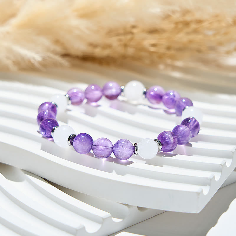 Olivenorma Heilarmband aus natürlicher Amethyst- und weißer Jade