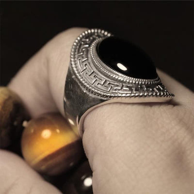 Olivenorma Natural Black Onyx Silberring für Herren