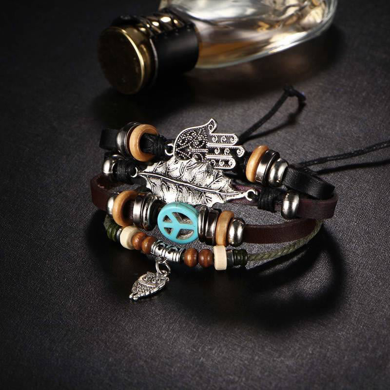 Olivenorma Mehrschichtiges Boho Hamsa geflochtenes Lederarmband