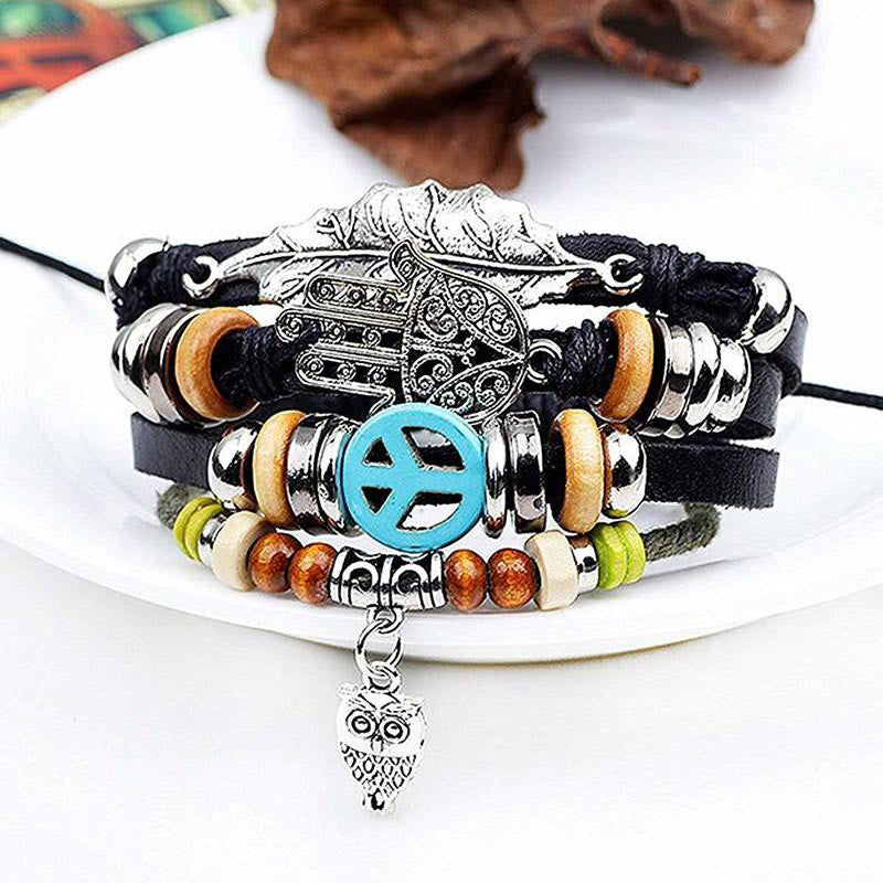 Olivenorma Mehrschichtiges Boho Hamsa geflochtenes Lederarmband