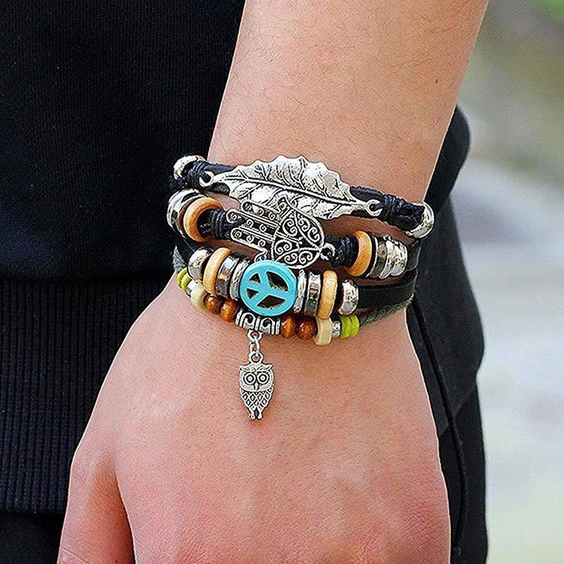 Olivenorma Mehrschichtiges Boho Hamsa geflochtenes Lederarmband