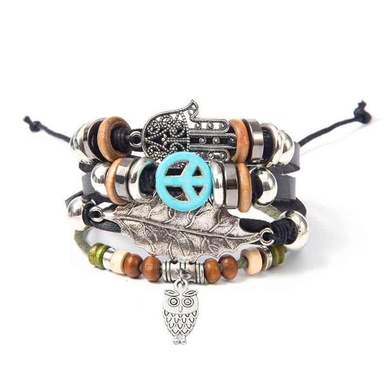 Olivenorma Mehrschichtiges Boho Hamsa geflochtenes Lederarmband