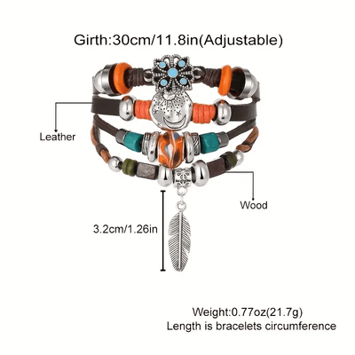 Olivenorma Verstellbares Lederarmband mit Federanhängern im Bohemian-Stil