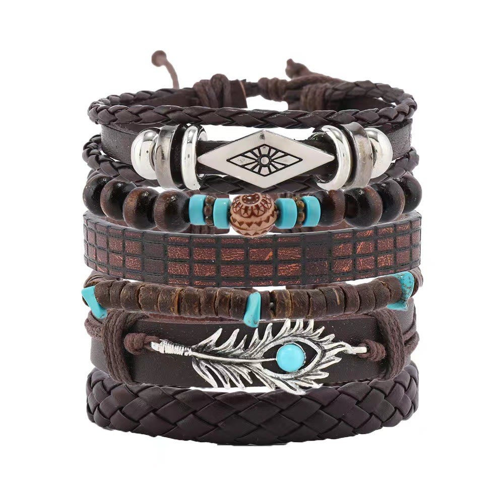 Olivenorma Feder Naturstein Handgefertigtes gewebtes Lederarmband-Set