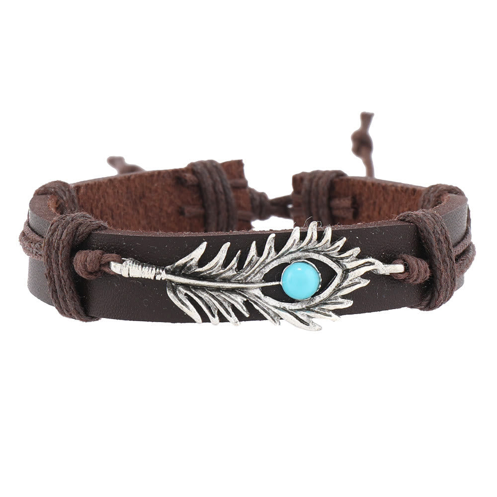 Olivenorma Feder Naturstein Handgefertigtes gewebtes Lederarmband-Set