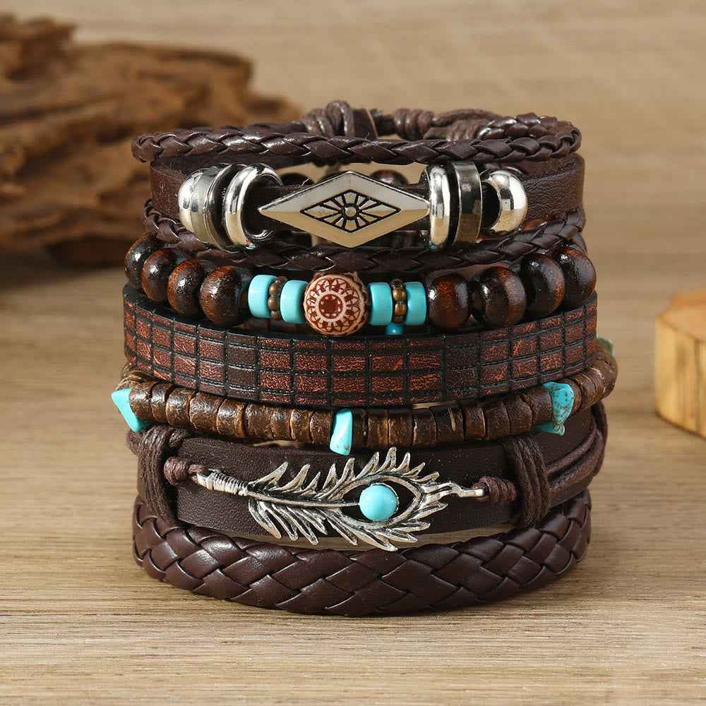 Olivenorma Feder Naturstein Handgefertigtes gewebtes Lederarmband-Set