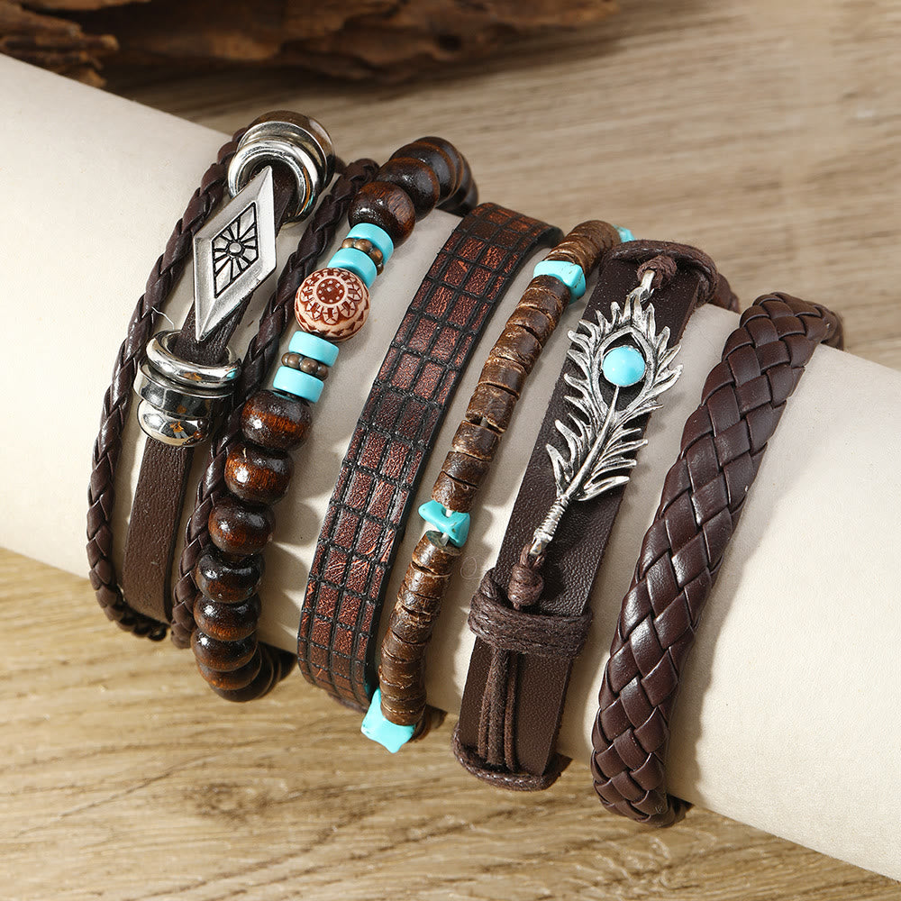 Olivenorma Feder Naturstein Handgefertigtes gewebtes Lederarmband-Set