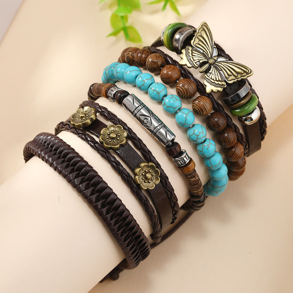 Olivenorma Schmetterling Türkis Handgefertigtes gewebtes Lederarmband-Set