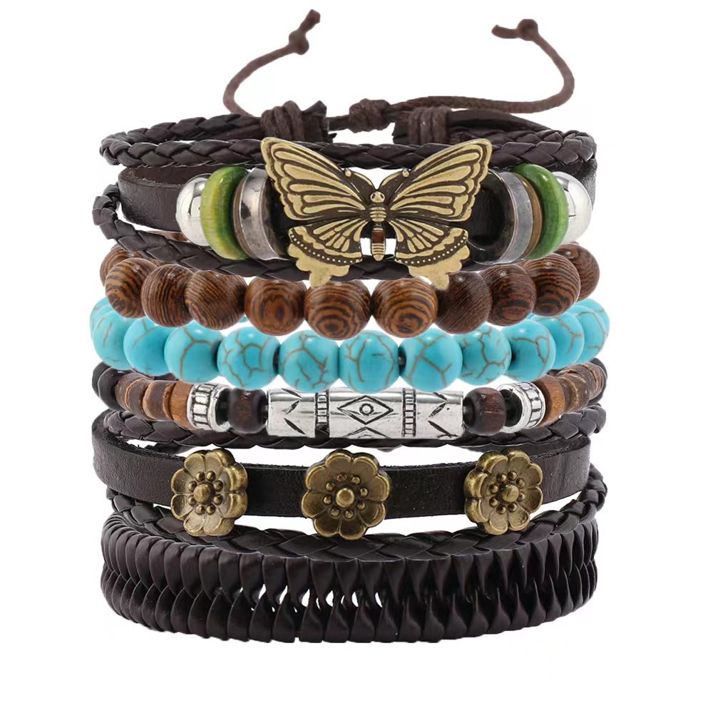 Olivenorma Schmetterling Türkis Handgefertigtes gewebtes Lederarmband-Set