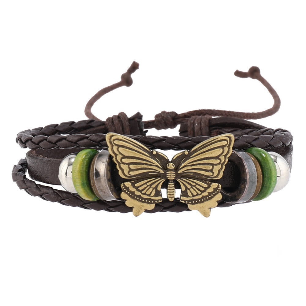 Olivenorma Schmetterling Türkis Handgefertigtes gewebtes Lederarmband-Set